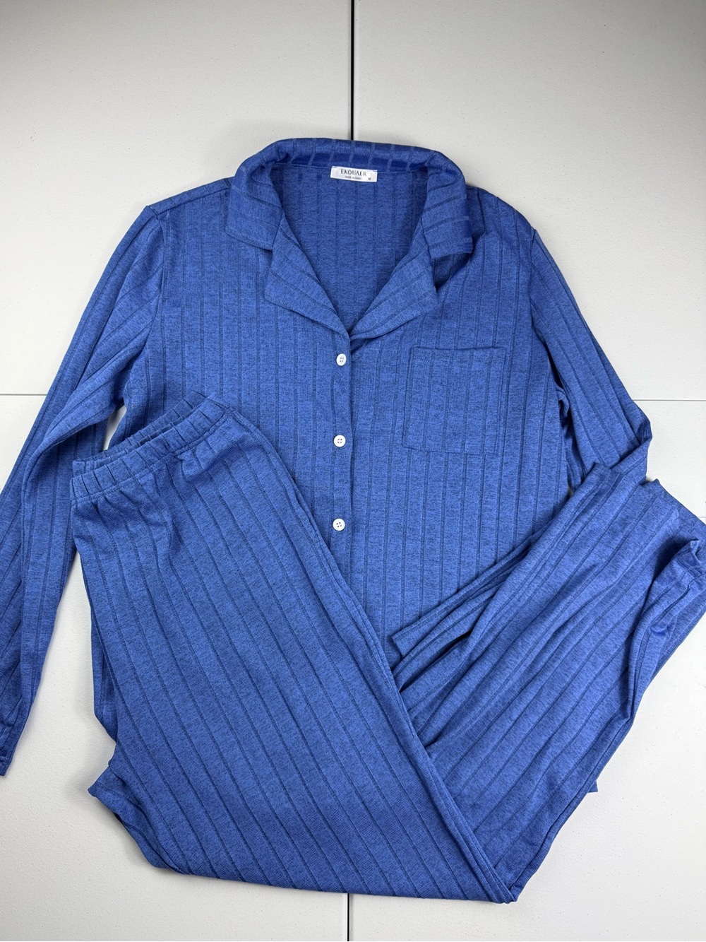 Amazon women’s Blue Ribbed Kids Pajama Set - Soft Long Sleeve Button-Up